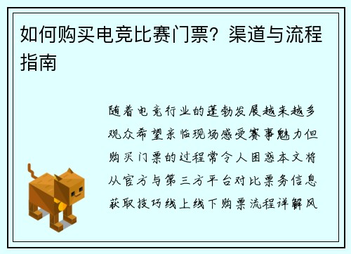 如何购买电竞比赛门票？渠道与流程指南
